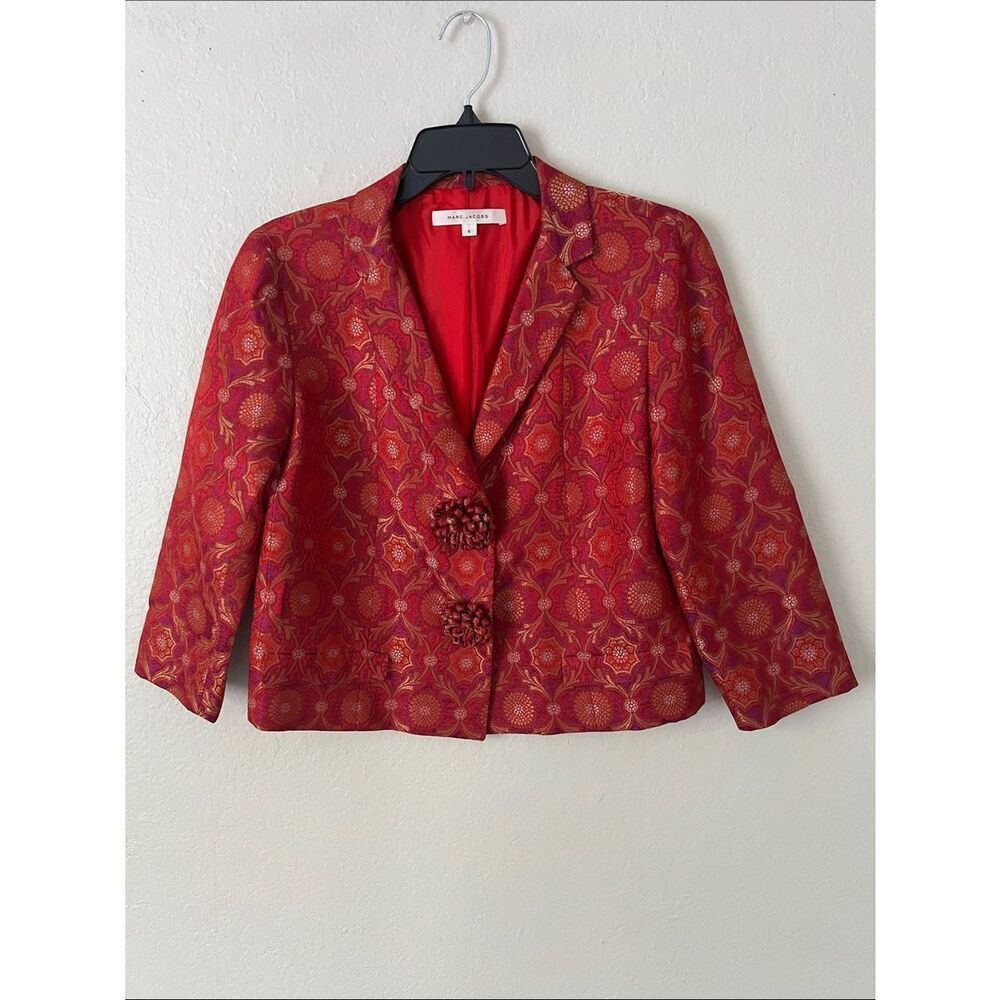 Like New! Marc Jacobs Silk Blend Red Brocade Floral Cropped Blazer Jacket Size 6